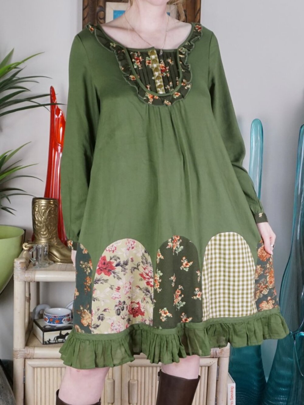 April Cornell boho green cottage core long sleeve dress